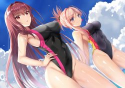 Rule 34 | 2girls, arms behind back, black one-piece swimsuit, blue eyes, blue sky, cloud, competition swimsuit, covered navel, cowboy shot, day, dutch angle, fate/grand order, fate (series), feet out of frame, folded ponytail, hand on own hip, harimoji, highleg, highleg swimsuit, horizon, long hair, miyamoto musashi (fate), multiple girls, ocean, one-piece swimsuit, outdoors, pink hair, ponytail, purple hair, red eyes, scathach (fate), scathach (fate), sidelocks, sky, smile, standing, swimsuit