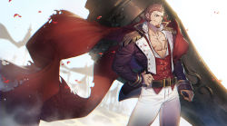 Rule 34 | 1boy, abs, banner, bara, belt, blue eyes, blurry, blurry background, brown hair, cannon, cape, collar, desert, epaulettes, facial hair, fate/grand order, fate (series), fringe trim, goatee, hand on own hip, huge weapon, jacket, light, long sideburns, long sleeves, looking to the side, male focus, military, military uniform, muscular, napoleon bonaparte (fate), open clothes, open jacket, open shirt, pants, pectoral cleavage, pectorals, petals, rose petals, sand, scar, shipl, sideburns, smile, solo, tight clothes, torn cape, torn clothes, unbuttoned, uniform, weapon, white pants