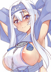 Rule 34 | 1girl, areola slip, armpits, bandana, blue eyes, blue hair, breasts, chain, commentary request, hachimaki, headband, highres, kamoi (kancolle), kantai collection, large breasts, long hair, looking at viewer, noise (tsuzuki), ponytail, seo tatsuya, sidelocks, signature, simple background, smile, solo, sweat, upper body, white background