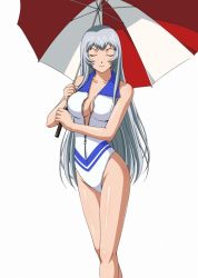 Rule 34 | 00s, 1girl, breasts, chouun shiryuu, closed eyes, female focus, ikkitousen, long hair, one-piece swimsuit, race queen, simple background, solo, swimsuit, umbrella, white background, white hair