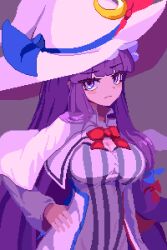 Rule 34 | 1girl, adapted costume, blue bow, blue ribbon, blunt bangs, blush stickers, bow, bowtie, breasts, brodall pixel, capelet, cleavage, closed mouth, commentary request, crescent, crescent hat ornament, dress, frown, hair bow, hand on own hip, hat, hat ornament, hat ribbon, highres, large breasts, long hair, long sleeves, looking at viewer, patchouli knowledge, pixel art, purple background, purple dress, purple eyes, purple hair, red bow, red bowtie, red ribbon, ribbon, simple background, solo, striped clothes, striped dress, touhou, vertical-striped clothes, vertical-striped dress, very long hair, witch, witch hat