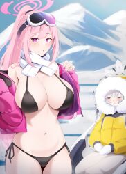 Rule 34 | 2girls, absurdres, bikini, black bikini, blue archive, breasts, eimi (blue archive), eimi (swimsuit) (blue archive), fur-trimmed hood, fur trim, goggles, goggles on head, halo, high ponytail, highres, himari (blue archive), hood, hood up, jacket, kisa (leg3043), large breasts, long hair, long sleeves, looking at viewer, multiple girls, navel, open clothes, open jacket, outdoors, pink hair, pink jacket, powered wheelchair, purple eyes, scarf, side-tie bikini bottom, sitting, snow, swimsuit, trembling, wheelchair, white scarf, yellow jacket