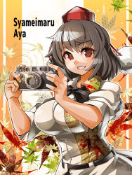 Rule 34 | 1girl, autumn leaves, black hair, breasts, camera, character name, female focus, floral print, grin, hat, hat ribbon, large breasts, looking at viewer, pom pom (clothes), puffy short sleeves, puffy sleeves, red eyes, ribbon, shameimaru aya, shirt, short sleeves, smile, solo, tokin hat, touhou, umigarasu (kitsune1963)