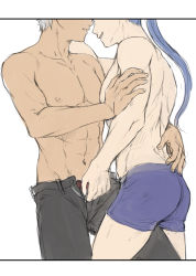 Rule 34 | 2boys, abs, archer (fate), ass, black pants, blue hair, commentary, cowboy shot, cu chulainn (fate), dark skin, dark-skinned male, fate/stay night, fate (series), from side, grey hair, head out of frame, highres, cu chulainn (fate/stay night), long hair, male focus, male underwear, mondi hl, multiple boys, navel, nipples, pants, topless male, short hair, toned, underwear, unzipping, yaoi