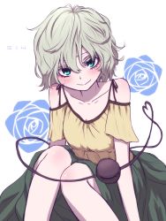Rule 34 | 1girl, adapted costume, bare shoulders, blue flower, blue rose, blush, breasts, cleavage, collarbone, commentary request, dated, feet out of frame, flower, green skirt, head tilt, highres, komeiji koishi, miata (miata8674), no headwear, no headwear, rose, shirt, short hair, short sleeves, simple background, sitting, skirt, small breasts, smile, solo, third eye, touhou, white background, yellow shirt