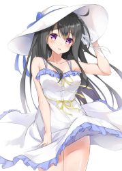 Rule 34 | 1girl, arm up, bare arms, bare shoulders, black hair, blue bow, blush, bow, breasts, cannian dada, character request, commentary request, dress, frilled dress, frills, hair between eyes, hand on headwear, hat, hat bow, head tilt, highres, long hair, looking at viewer, medium breasts, minori (company), parted lips, purple eyes, ribbon, simple background, sleeveless, sleeveless dress, solo, sun hat, very long hair, white background, white dress, white hat, yellow ribbon