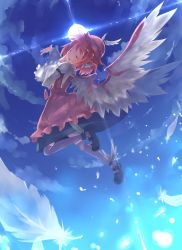Rule 34 | 1girl, animal ears, cloud, closed eyes, feathers, female focus, flying, fred04142, full body, hat, mary janes, music, mystia lorelei, outdoors, pink hair, shoes, short hair, singing, sky, solo, sun, touhou, wings