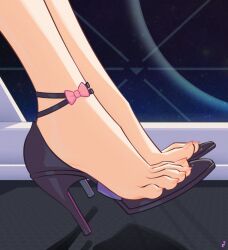 Rule 34 | 1girl, absurdres, artist logo, asta (honkai: star rail), bow, commentary, english commentary, feet, feet only, foot focus, footwear focus, high heels, highres, honkai: star rail, honkai (series), indoors, mohoshadream, out of frame, pink bow, purple footwear, shadow, solo, stiletto heels, strappy heels, toenails, toes