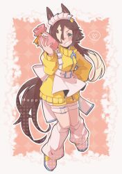 Rule 34 | 1girl, absurdres, animal ears, apron, bag, blush stickers, brown eyes, brown hair, commentary request, english text, full body, gift bag, grin, hair over one eye, hand up, happy valentine, heart, highres, holding, holding bag, horse ears, horse girl, horse tail, jacket, long hair, long sleeves, looking at viewer, loose socks, maid headdress, maru (hachi 47923), multicolored hair, puffy long sleeves, puffy sleeves, shoes, shorts, smile, socks, solo, spoken heart, tail, two-tone hair, umamusume, v-shaped eyebrows, valentine, very long hair, vodka (umamusume), white apron, white hair, white socks, yellow footwear, yellow jacket, yellow shorts