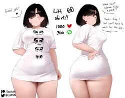 Rule 34 | arm behind back, ass, black hair, breasts, closed eyes, clothes pull, commentary, english commentary, english text, from behind, highres, large breasts, like and retweet, looking at viewer, meme, multiple views, naked shirt, original, pajamas challenge (meme), patreon username, plump, shirt, shirt pull, short eyebrows, short hair, speech bubble, standing, t-shirt, taut clothes, taut shirt, thick thighs, thighs, twitter username, white background, white shirt, zasshu