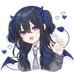 Rule 34 | 1girl, :d, black collar, black hair, blue hair, blue horns, blue tail, blue wings, claw pose, collar, demon girl, demon horns, demon tail, demon wings, dress shirt, fang, grey jacket, grey necktie, hair between eyes, heart, highres, horns, houndstooth, ichinose uruha, jacket, long hair, long sleeves, looking at viewer, mini wings, multicolored hair, necktie, official alternate costume, open mouth, purple eyes, school uniform, shirt, simple background, skin fang, smile, solo, streaked hair, tail, two side up, upper body, v-shaped eyebrows, virtual youtuber, vspo!, white background, white shirt, wing collar, wings, zawanaka1120