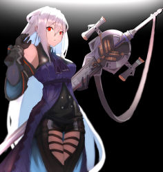 Rule 34 | 1girl, absurdres, arknights, arm cuffs, ascot, bare shoulders, black ascot, black background, black dress, black pants, closed mouth, clothing cutout, commentary, cowboy shot, dress, hand up, hat, highres, long hair, looking at viewer, no headwear, okayannosuke, pants, silver hair, skadi (arknights), skadi (elite ii) (arknights), sleeveless, sleeveless dress, sword, thigh cutout, thigh strap, very long hair, weapon