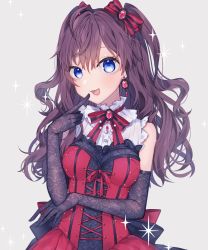 Rule 34 | 1girl, :d, ahoge, black gloves, blue eyes, blush, bow, brooch, cross-laced clothes, dress, earrings, elbow gloves, finger to mouth, gem, gloves, grey background, hair bow, highres, ichinose shiki, idolmaster, idolmaster cinderella girls, jewelry, long hair, looking at viewer, minamiya mia, neck ribbon, open mouth, purple hair, red bow, red dress, red gemstone, red ribbon, ribbon, simple background, sleeveless, sleeveless dress, smile, solo, sparkle, two side up, upper body