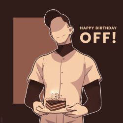 1boy baseball_jersey baseball_uniform buttons cake cake_slice candle closed_mouth commentary copyright_name dessert english_commentary english_text food happy_birthday highres holding holding_plate jersey layered_sleeves long_sleeves male_focus no_eyes number_candle off_(game) partially_shaded_face plate sepia short_over_long_sleeves short_sleeves smile solo sportswear tanblaque the_batter_(off) upper_body