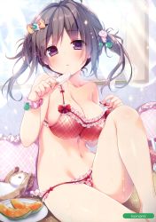 Rule 34 | 1girl, :&lt;, absurdres, bikini, blush, breasts, brown hair, cat, cleavage, female focus, food, frilled bikini, frills, fruit, hair ornament, hairclip, highres, indoors, konomi (kino konomi), large breasts, leg up, looking at viewer, melon, melonbooks, navel, open mouth, pink bikini, plaid, plaid bikini, popsicle, purple eyes, scan, scrunchie, short twintails, sitting, solo, strap slip, swimsuit, triangle mouth, twintails, wrist scrunchie
