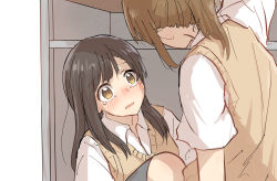 Rule 34 | 2girls, betock, black hair, blush, brown hair, brown vest, collared shirt, crying, crying with eyes open, desk, highres, long hair, looking at another, multiple girls, original, school uniform, shirt, short sleeves, sidelocks, sweater vest, tears, vest, white shirt, yellow eyes