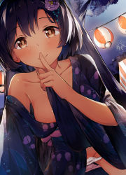 Rule 34 | 1girl, absurdres, aerial fireworks, bare shoulders, black hair, black kimono, blush, breasts, brown eyes, closed mouth, collarbone, commentary request, dutch angle, finger to mouth, fireworks, floral print, flower, groin, hair flower, hair ornament, highres, idolmaster, idolmaster cinderella girls, japanese clothes, kimono, lantern, medium breasts, night, night sky, obi, off shoulder, outdoors, panties, panty pull, paper lantern, print kimono, purple flower, sash, seneto, shiragiku hotaru, shushing, sky, smile, solo, tree, underwear, white panties, wide sleeves