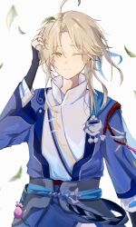 Rule 34 | 1boy, ahoge, blonde hair, blue jacket, blue pants, blue ribbon, closed mouth, collared shirt, cowboy shot, falling leaves, forehead, hair ribbon, hand on own head, highres, honkai: star rail, honkai (series), jacket, leaf, long sleeves, looking at viewer, male focus, one eye closed, open clothes, open jacket, orange eyes, pants, parted bangs, ribbon, ruchi (r up24), shirt, short hair with long locks, sidelocks, simple background, solo, white background, white shirt, yanqing (honkai: star rail)