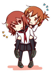 Rule 34 | 10s, 2girls, blush, brown eyes, brown hair, carrying, fang, folded ponytail, hair ornament, hairclip, hands on shoulders, ikazuchi (kancolle), inazuma (kancolle), kantai collection, kurome shirome, multiple girls, open mouth, pantyhose, personification, piggyback, school uniform, serafuku, short hair, simple background, skirt, tangan sirome, wavy mouth, white background