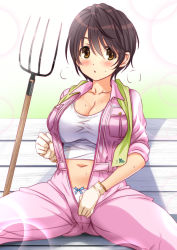 Rule 34 | 1girl, bench, black hair, blush, breasts, brown eyes, character request, cleavage, commentary request, copyright request, crop top, gloves, green towel, idolmaster, large breasts, mitarashi kousei, navel, oikawa shizuku, overalls, panties, panty peek, pink overalls, pitchfork, short hair, sitting, solo, spread legs, tank top, towel, underwear, unzipping, white gloves, white panties, white tank top, zipper
