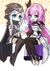 Rule 34 | 2girls, :d, absurdres, ashe (league of legends), black cape, black footwear, black gloves, black shorts, black skirt, blue eyes, blue hair, boots, cape, closed mouth, crystal, elf, elysia (honkai impact), elysia (miss pink elf) (honkai impact), fingerless gloves, full body, gloves, hair ornament, hanyaohui, highres, honkai (series), honkai impact 3rd, invisible chair, league of legends, long hair, multiple girls, open mouth, pink hair, pointy ears, power connection, shorts, shrug (clothing), single glove, sitting, skirt, smile, thigh boots, two-tone background, white background, yellow background