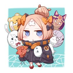 Rule 34 | 1girl, :&lt;, abigail williams (fate), abigail williams (traveling outfit) (fate), black bow, black jacket, blonde hair, blue eyes, blush, bow, chibi, commentary request, crossed bandaids, fate/grand order, fate (series), fou (fate), full body, gasuto (kamikami), hair bow, hair bun, heroic spirit traveling outfit, jacket, lavinia whateley (fate), long hair, long sleeves, looking at viewer, medjed (fate), hugging object, official alternate costume, orange bow, parted bangs, parted lips, polka dot, polka dot bow, queen of sheba (fate), red bow, red footwear, shoes, single hair bun, sleeves past fingers, sleeves past wrists, solo, stuffed animal, stuffed toy, teddy bear, triangle mouth