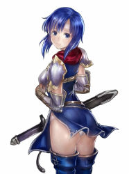 Rule 34 | 1girl, armor, ass, blue eyes, blue footwear, blue hair, blue thighhighs, blush, boots, breastplate, breasts, catria (fire emblem), closed mouth, cowboy shot, docoi, elbow gloves, faulds, fire emblem, fire emblem heroes, from behind, gloves, headband, looking back, medium breasts, metal gloves, nintendo, panties, red scarf, scarf, sheath, sheathed, short hair, shoulder pads, side slit, simple background, smile, solo, standing, sword, thigh boots, thighhighs, underwear, weapon, white background, white panties