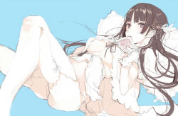 Rule 34 | 1girl, bad id, bad pixiv id, blue background, blue eyes, book, breasts, brown hair, feather hair ornament, feathers, gloves, hair ornament, holding, holding book, lace-up legwear, limited palette, long hair, looking at viewer, original, pillow, ribbon, shunsei (muratou), sketch, solo, white gloves