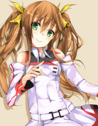Rule 34 | 10s, 1girl, bad id, bad pixiv id, bare shoulders, brown hair, detached sleeves, female focus, green eyes, haine, hair ribbon, highres, huang lingyin, infinite stratos, long hair, ribbon, school uniform, simple background, smile, solo, twintails