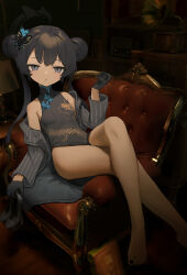 Rule 34 | 1girl, absurdres, bare legs, bare shoulders, barefoot, black dress, black gloves, black hair, blue archive, breasts, butterfly hair ornament, china dress, chinese clothes, couch, crossed legs, double bun, dragon print, dress, feet, gloves, grey eyes, hair bun, hair ornament, highres, kisaki (blue archive), long hair, long sleeves, looking at viewer, nail polish, on couch, open clothes, pelvic curtain, print dress, shijiuuuuuuu, shoes, unworn shoes, sitting, sleeveless, sleeveless dress, small breasts, solo, toenail polish, toenails, twintails