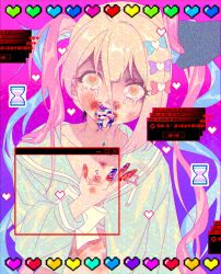 Rule 34 | 1girl, bad id, bad twitter id, blonde hair, blood, blood on face, blood on hands, bloodshot eyes, blue bow, blue eyes, blue hair, blue shirt, bow, bra, bra peek, bruise, bruise on face, chouzetsusaikawa tenshi-chan, commentary request, crying, crying with eyes open, error message, glitch, hair between eyes, hair bow, hand up, heart, heart-shaped pupils, highres, hourglass, injury, long hair, long sleeves, messy hair, mojibake text, multicolored hair, multiple hair bows, needy girl overdose, open clothes, open mouth, open shirt, pink bow, pink hair, purple bow, quad tails, sailor collar, shirt, solo, static, symbol-shaped pupils, tears, underwear, window (computing), zashima