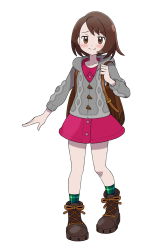 Rule 34 | 1girl, :t, asatsuki (fgfff), backpack, bag, blush, bob cut, boots, brown bag, brown eyes, brown footwear, brown hair, buttons, cable knit, cardigan, closed mouth, collared dress, commentary request, creatures (company), dress, eyelashes, full body, game freak, gloria (pokemon), green socks, grey cardigan, hand up, highres, holding strap, hooded cardigan, nintendo, pink dress, plaid, plaid legwear, pokemon, pokemon swsh, short hair, simple background, socks, solo, white background
