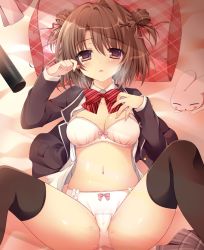 Rule 34 | 1girl, :o, absurdres, ahoge, argyle, argyle clothes, argyle pillow, bed, bed sheet, black jacket, black thighhighs, blazer, blush, blush stickers, bow, bow bra, bow panties, bowtie, bra, breasts, brown eyes, brown hair, brown skirt, buttons, cleavage, collarbone, double bun, eyebrows, fingernails, hair bun, hair intakes, hair ornament, hair ribbon, hand on own chest, hand up, highres, indoors, jacket, legs up, looking at viewer, lying, midriff, nail polish, nanaroba hana, navel, on back, on bed, open clothes, open jacket, open shirt, panties, parted lips, pink nails, plaid, plaid skirt, pleated skirt, red bow, red bowtie, red ribbon, ribbon, shirt, short hair, skirt, solo, spread legs, stomach, striped bow, striped bowtie, striped clothes, striped neckwear, stuffed animal, stuffed rabbit, stuffed toy, tareme, thighhighs, unbuttoned, underwear, unworn skirt, white bra, white panties, white shirt, x hair ornament