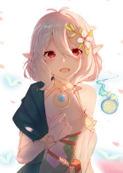 Rule 34 | 1girl, :d, absurdres, antenna hair, bare shoulders, breasts, bridal gauntlets, commentary request, detached sleeves, dress, flower, hair between eyes, hair flower, hair ornament, hand up, highres, kokkoro (princess connect!), long sleeves, open mouth, pointy ears, princess connect!, puffy long sleeves, puffy sleeves, re:rin, red eyes, see-through, see-through silhouette, silver hair, sleeveless, sleeveless dress, small breasts, smile, solo, upper body, white dress, white flower