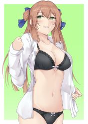 Rule 34 | 1girl, black bra, black panties, blue ribbon, blush, bra, breasts, cleavage, collarbone, feet out of frame, girls&#039; frontline, green eyes, hair ornament, hair ribbon, highres, long hair, looking at viewer, medium breasts, navel, open clothes, open mouth, open shirt, orange hair, panties, rei (09991), ribbon, shirt, simple background, smile, solo, springfield (girls&#039; frontline), standing, teeth, underwear, white shirt