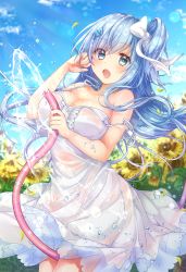 Rule 34 | 1girl, bare arms, bare shoulders, between legs, blue eyes, blue hair, blue sky, blurry, blurry background, blush, bow, breasts, cleavage, collarbone, cowboy shot, day, depth of field, dress, emori miku, flower, gomano rio, hair bow, hair ornament, hairclip, highres, holding, holding hose, hose, large breasts, lens flare, liver city, long hair, looking at viewer, nail polish, one side up, open mouth, orange nails, petals, see-through, sky, solo, standing, strap slip, sundress, sunflower, water, wet, wet clothes, wet dress, white bow, white dress