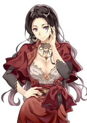Rule 34 | 10s, 1girl, black hair, blouse, breasts, cattleya baudelaire, cheese kang, cleavage, cowboy shot, earrings, jewelry, large breasts, long hair, mole, mole on breast, necklace, open clothes, open shirt, purple eyes, shirt, violet evergarden (series)