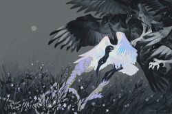Rule 34 | animal focus, animal skeleton, artist name, bird, commentary, english commentary, flock, from side, grass, grey sky, highres, infinity symbol, nightcrow, no humans, original, outdoors, signature, skeleton, sky, spread wings, surreal, talons