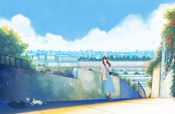 Rule 34 | 1girl, animal, bird, black footwear, black hair, blue dress, blue sky, building, camera, cat, city, cityscape, cloud, cloudy sky, collared dress, commentary request, day, dome, dress, hanasei, highres, jacket, leaning back, light particles, long hair, long sleeves, open clothes, open jacket, original, outdoors, pink jacket, railing, scenery, shoes, sky, skyline, solo, standing, strap, tree, wide shot, window