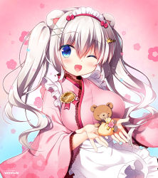 Rule 34 | 1girl, ;d, animal ears, apron, bear ears, blue eyes, blush, breasts, commentary request, floral print, frilled apron, frills, hair between eyes, hair ornament, hairclip, holding, japanese clothes, kimono, lace, large breasts, long hair, looking at viewer, maid, maid apron, maid headdress, one eye closed, open mouth, original, sasai saji, silver hair, simple background, smile, solo, stuffed animal, stuffed toy, twintails, wa maid, waist apron, white apron, wide sleeves, x hair ornament