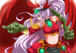 Rule 34 | 00s, angel wings, armored gloves, dungeon and fighter, feathers, fighter (dungeon and fighter), long hair, pointing, red theme, red wings, white hair, wings