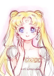 Rule 34 | 1990s (style), 1girl, bishoujo senshi sailor moon, blue eyes, crescent, crescent facial mark, crescent moon, earrings, facial mark, forehead mark, hand on own face, jewelry, light smile, mochibito, moon, princess serenity, retro artstyle, solo, tsukino usagi, twintails, upper body