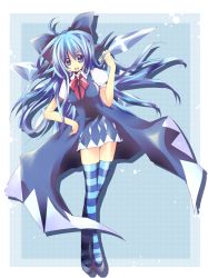 Rule 34 | 1girl, aged up, aimai (artist), alternate hairstyle, blue eyes, blue hair, bow, cirno, embodiment of scarlet devil, hair bow, ice, long hair, manabu, matching hair/eyes, solo, striped clothes, striped thighhighs, thighhighs, touhou, wings, zettai ryouiki