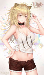 Rule 34 | 1girl, absurdres, akicho, animal ears, arknights, bare shoulders, blonde hair, blush, breasts, brown eyes, brown shorts, cleavage, closed mouth, collar, collarbone, hand on own hip, hand up, highres, lion ears, long hair, looking at viewer, medium breasts, midriff, nail polish, navel, shirt, shorts, siege (arknights), solo, tank top, tied shirt, white shirt