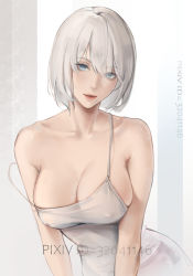 Rule 34 | 1girl, bare shoulders, blue eyes, blush, breasts, cleavage, closed mouth, collarbone, covered erect nipples, dress, large breasts, leaning forward, lips, looking at viewer, mole, mole under mouth, nier:automata, nier (series), pixiv id, rifu (643763873), short hair, simple background, solo, upper body, white dress, white hair, 2b (nier:automata)