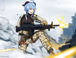 Rule 34 | 1girl, armor, artist name, blue hair, boots, brown eyes, brown footwear, brown gloves, camouflage, camouflage jacket, camouflage pants, commentary, commission, cow horns, darkpulsegg, english commentary, firing, ganyu (genshin impact), genshin impact, gloves, gun, holding, holding gun, holding weapon, horns, jacket, light machine gun, long hair, looking away, m249, machine gun, military, military uniform, on one knee, open mouth, pants, parted lips, smile, smoke, solo, teeth, uniform, upper teeth only, weapon
