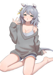 Rule 34 | 1girl, alternate costume, animal ears, blush, breasts, cleavage, commentary request, green eyes, grey hair, hair between eyes, hair ornament, highres, hishi miracle (umamusume), horse ears, horse girl, horse tail, katuko deluxe, looking at viewer, medium breasts, medium hair, open mouth, shorts, sitting, solo, sweater, tail, umamusume, white background