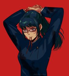 Rule 34 | 1girl, andythelemon, arms up, black hair, blood, blood on clothes, blood on face, blood on hands, eyebrows, eyelashes, female focus, furrowed brow, glasses, highres, jujutsu kaisen, jujutsu tech uniform, long hair, long sleeves, ponytail, red background, ribbon, simple background, solo, tying hair, yellow eyes, zenin maki