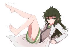 Rule 34 | 1girl, arm support, bare legs, barefoot, blush, chestnut mouth, coat, dress, feet, from side, full body, green dress, green eyes, green hair, hiyajou maho, kahlua (artist), lab coat, legs up, long hair, long sleeves, looking at viewer, lying, messy hair, on back, open clothes, open coat, open mouth, panties, pantyshot, parted lips, simple background, solo, steins;gate, steins;gate 0, sweat, thick eyebrows, translation request, triangle mouth, underwear, upskirt, white background, white panties