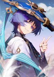 Rule 34 | 1boy, absurdres, blue eyes, blue sky, blunt ends, blurry, blurry foreground, cloud, commentary, genshin impact, hand up, hat, highres, indai (3330425), jingasa, looking at viewer, looking back, male focus, outdoors, pointing, pointing up, purple hair, scaramouche (genshin impact), shirt, short hair, sky, smile, solo, upper body, vision (genshin impact), wanderer (genshin impact), wheat, white shirt